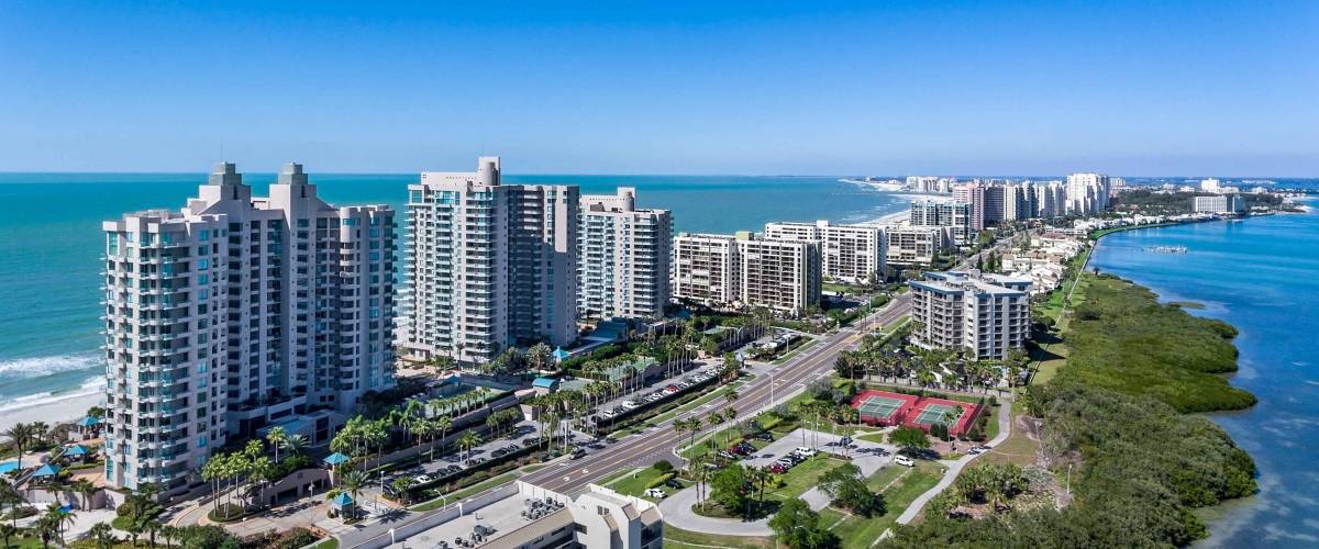 Clearwater Beach Florida skyline from the air.