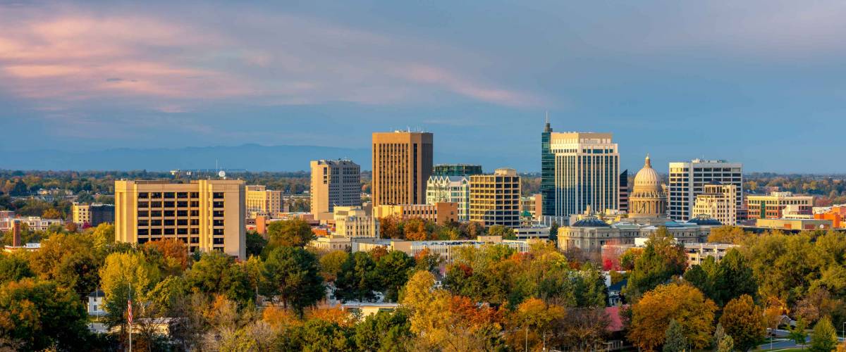 The skyline of Boise Idaho with Autumn trees in full bloom