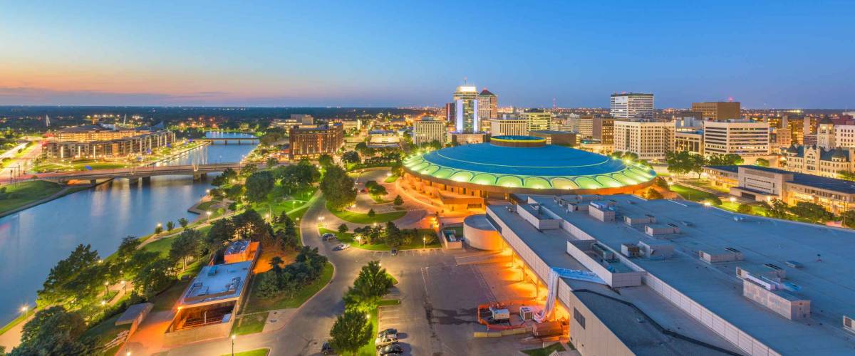 Wichita, Kansas, USA downtown skyline at dusk.