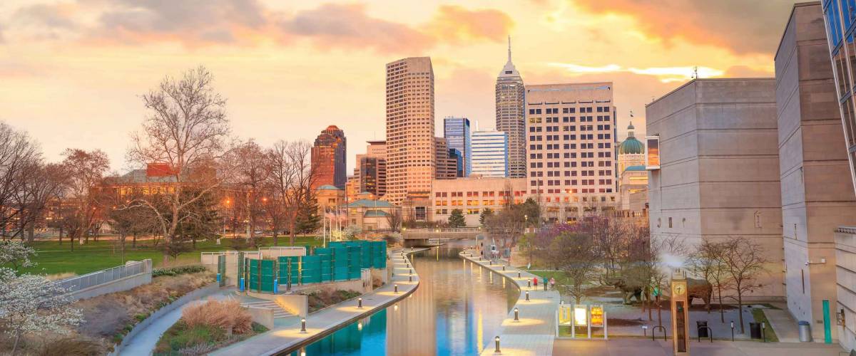 Downtown Indianapolis skyline at twilight