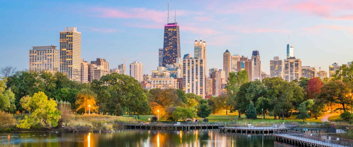 Chicago, Illinois, USA downtown skyline from Lincoln Park at twilight.